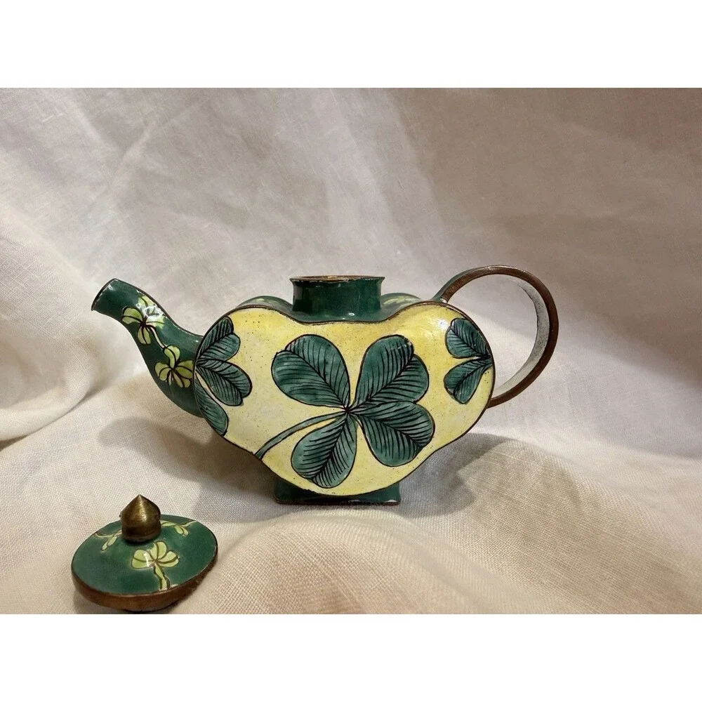 RARE Kelvin Chen Enamel Irish Gardens Mini Teapot w/ Lid, Green Yellow Brown